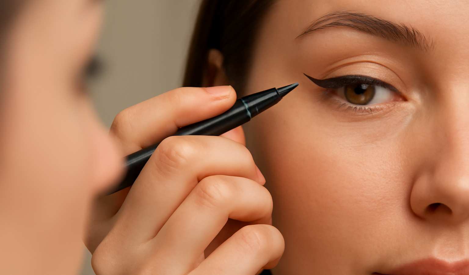 main dessinant trait d'eyeliner devant miroir