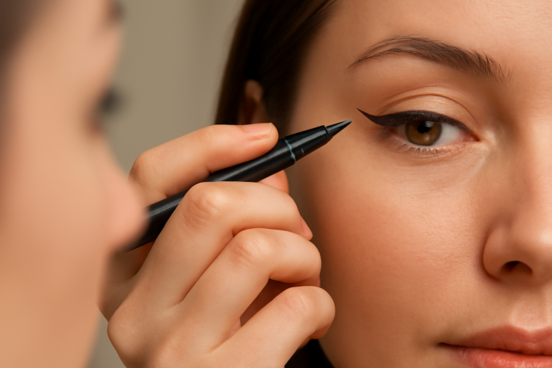 main dessinant trait d'eyeliner devant miroir