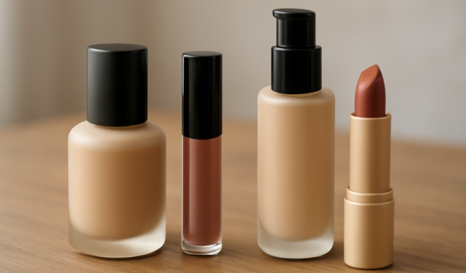 bouteilles de maquillage posees sur table