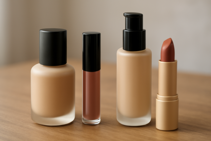 bouteilles de maquillage posees sur table