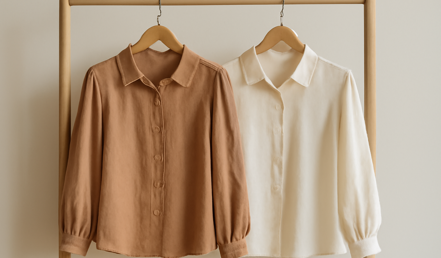 deux blouses suspendues sur porte-manteau clair