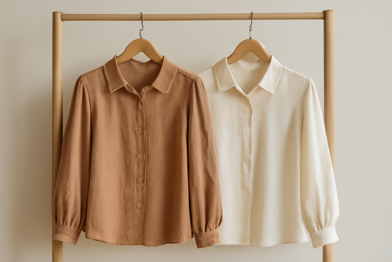 deux blouses suspendues sur porte-manteau clair