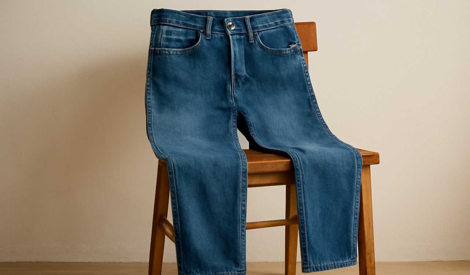 jean pose sur chaise en bois