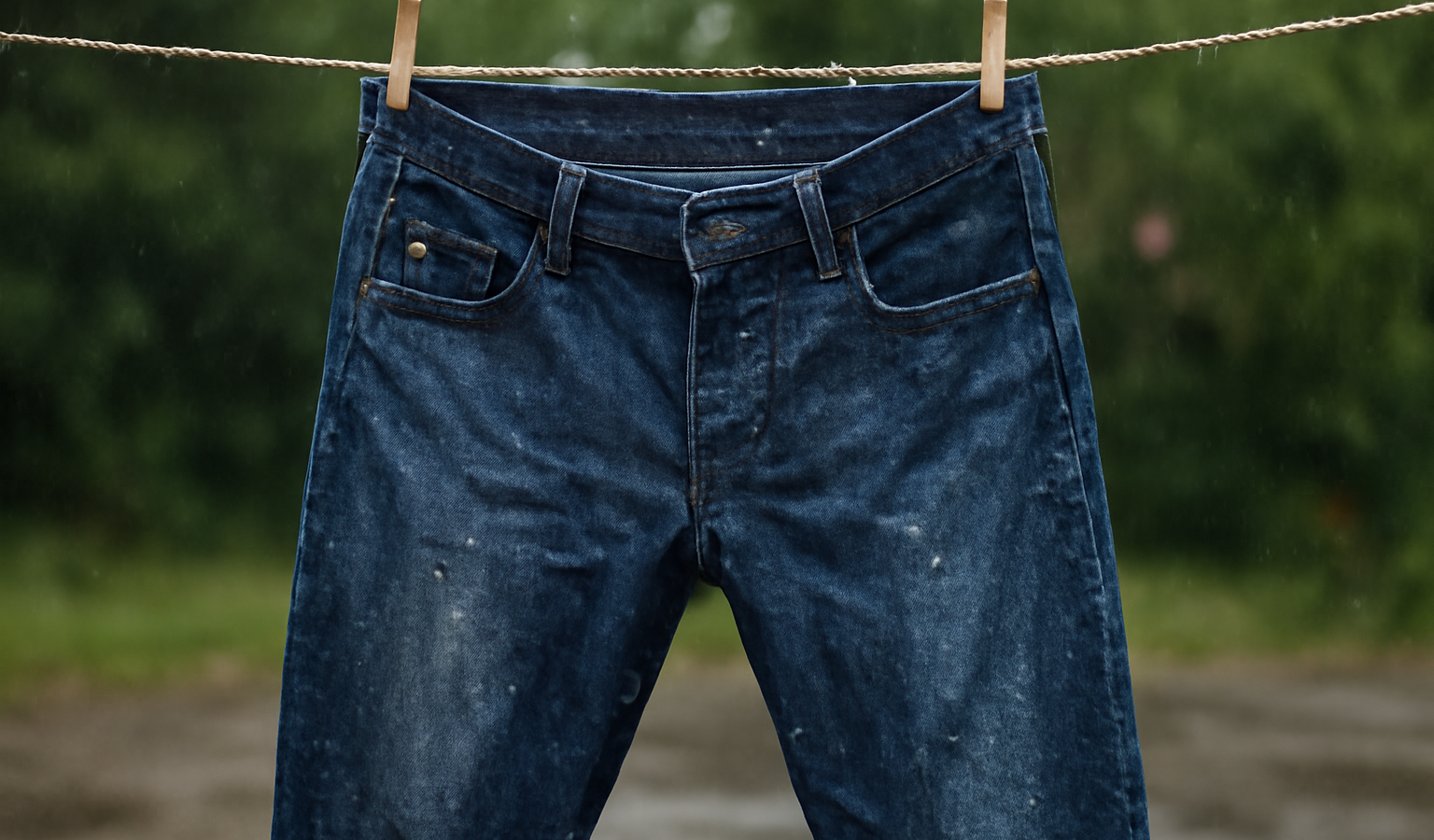 jean mouille suspendu sur corde a linge