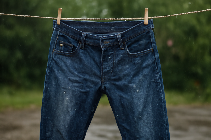 jean mouille suspendu sur corde a linge