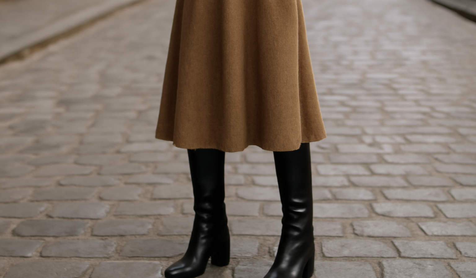 jupe midi avec bottes hautes sur rue pavée