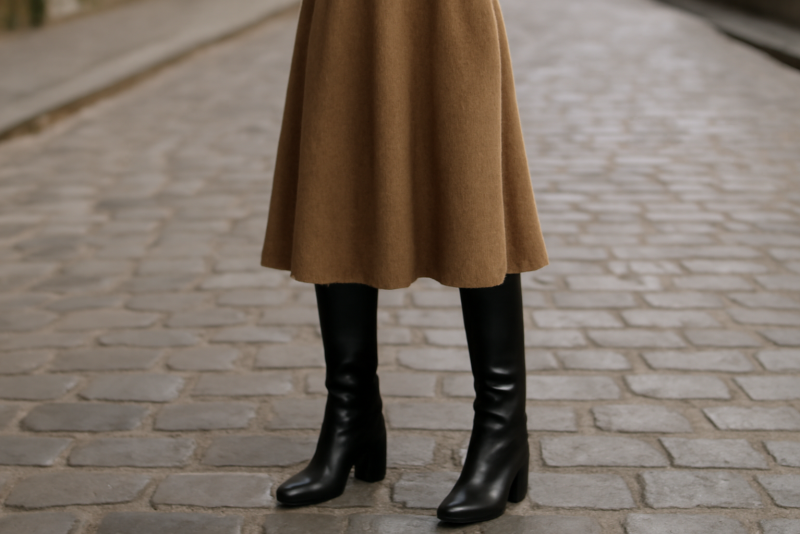 jupe midi avec bottes hautes sur rue pavée