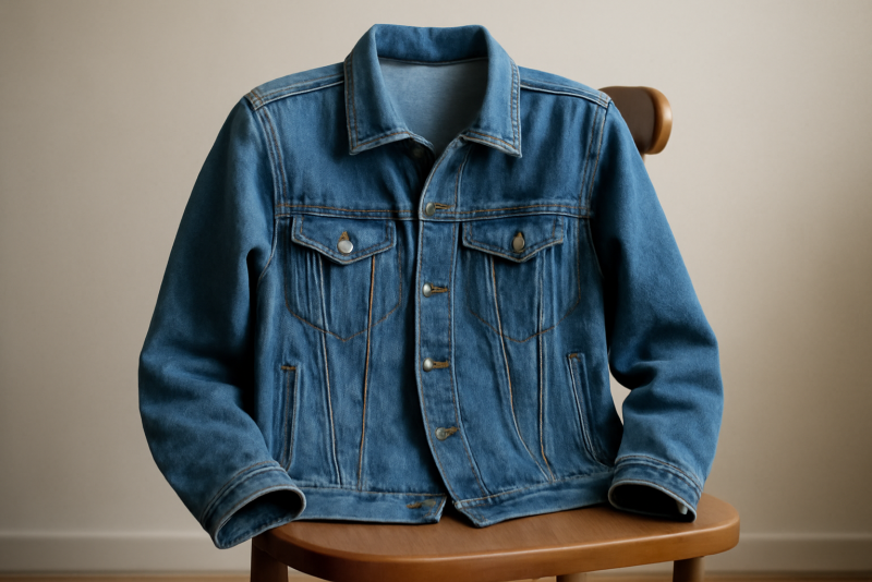 veste en denim posee sur chaise