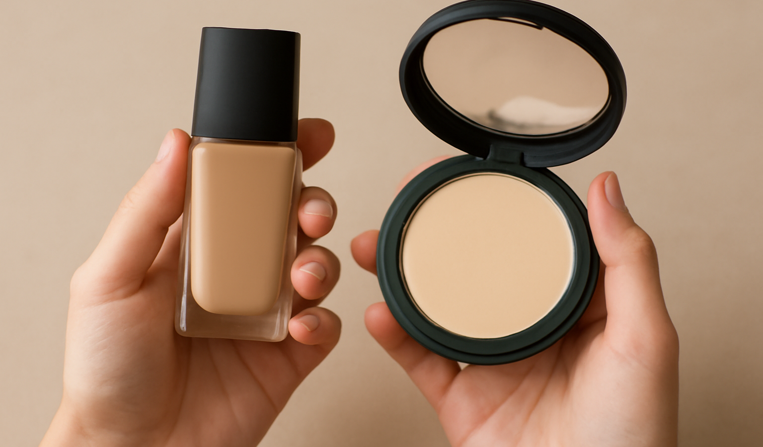 mains tenant un flacon et une poudre compacte