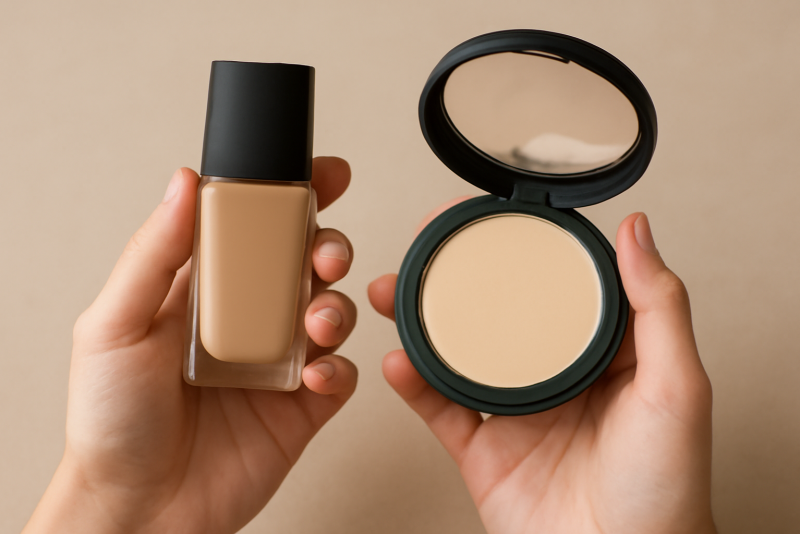mains tenant un flacon et une poudre compacte