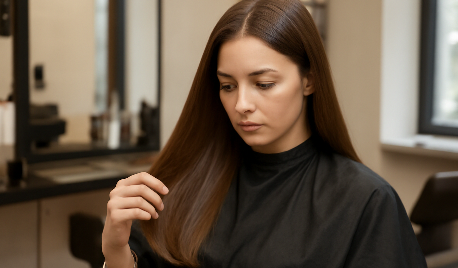 femme au salon capillaire regardant cheveux lisses
