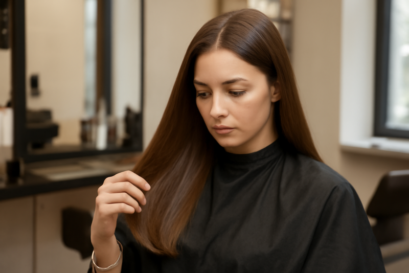 femme au salon capillaire regardant cheveux lisses