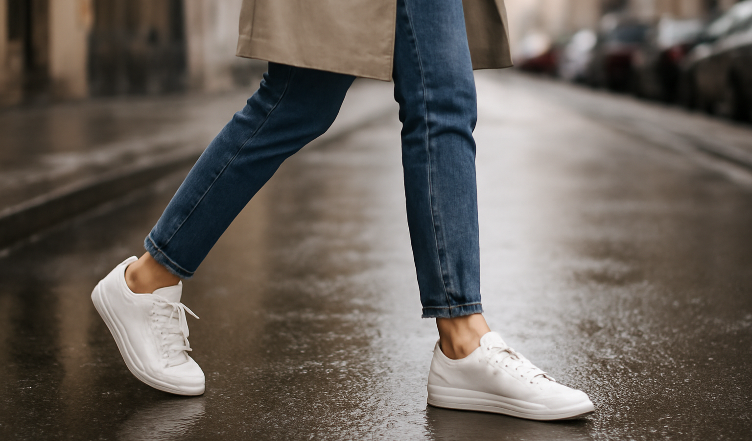 femme marchant en sneakers blanches sur rue mouillee