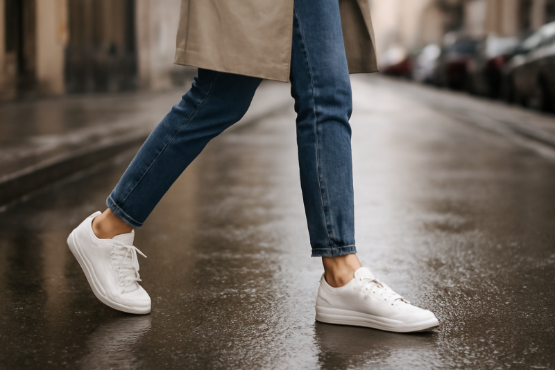 femme marchant en sneakers blanches sur rue mouillee