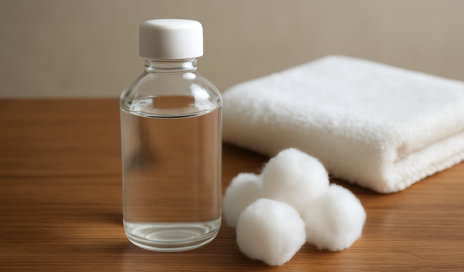 flacon, coton et serviette sur table
