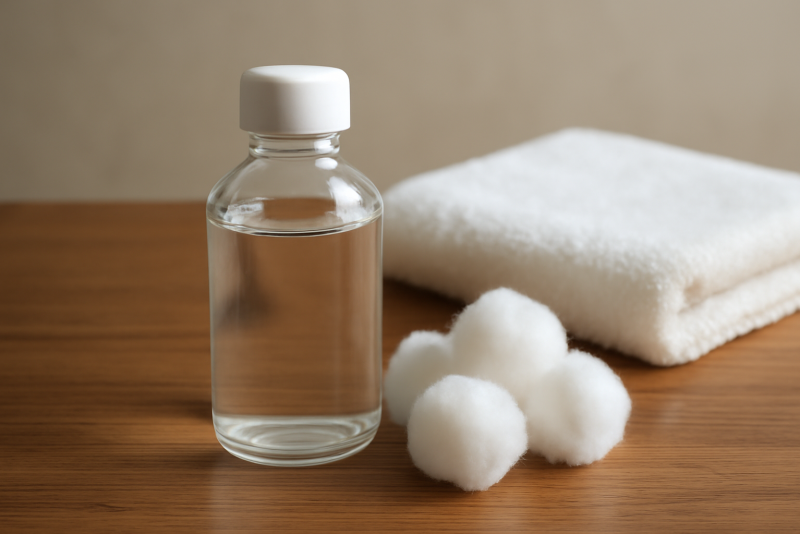 flacon, coton et serviette sur table