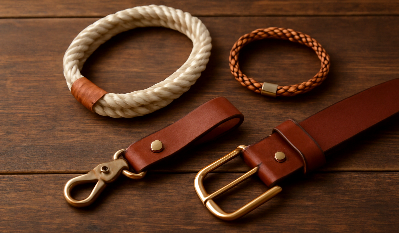 accesoires en corde et cuir poses sur table