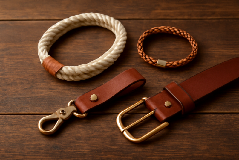accesoires en corde et cuir poses sur table