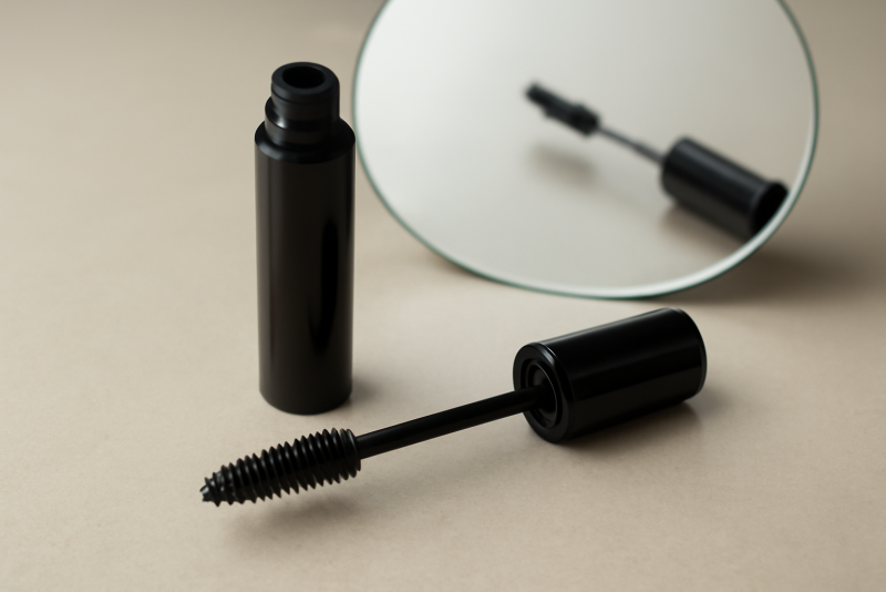 tube de mascara posé près d'un miroir