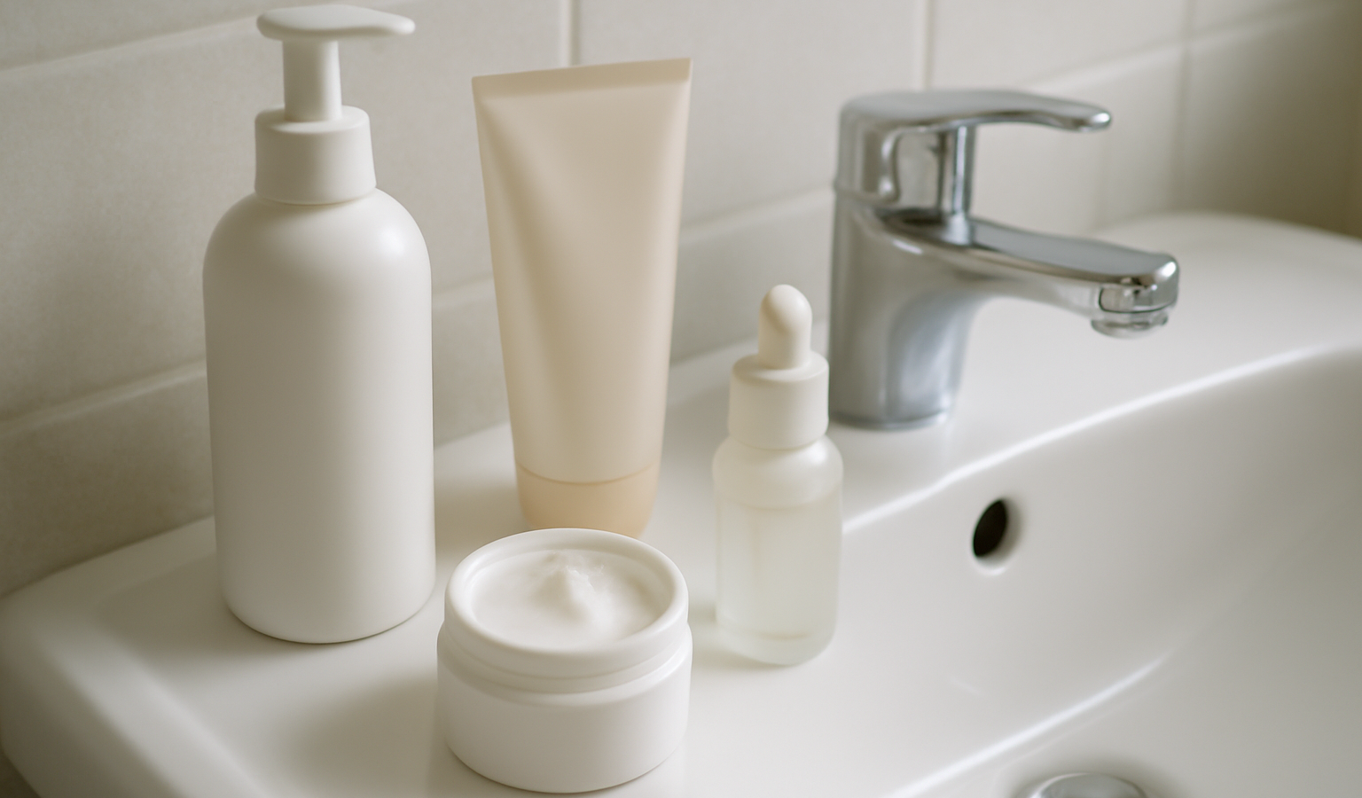 produits de soins disposés sur lavabo