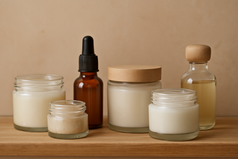 pots de soin naturels alignes sur etagere