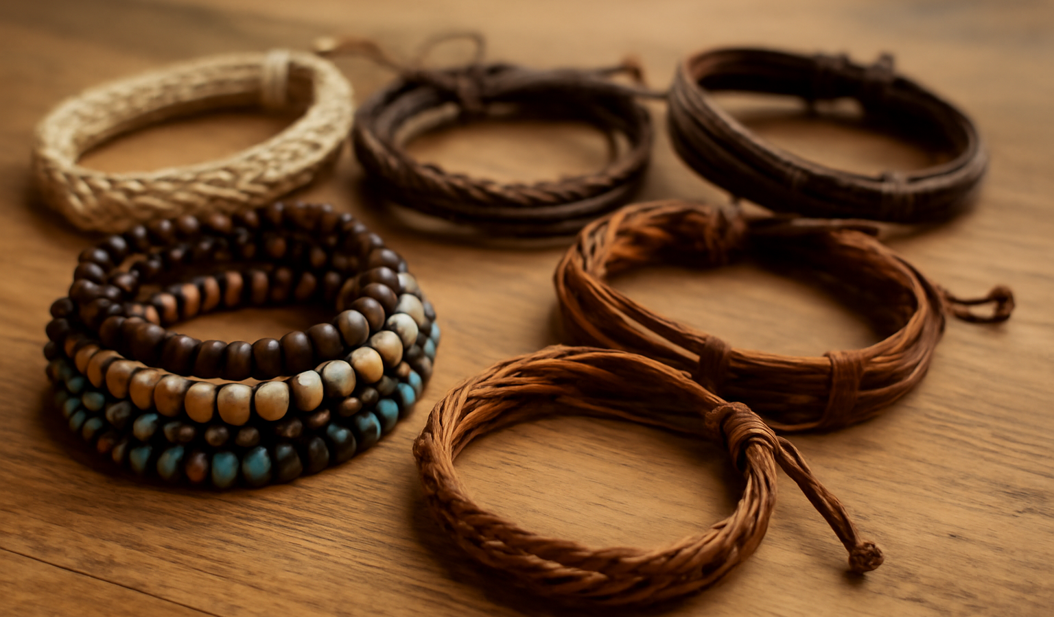 bracelets artisanaux exposes sur table en bois