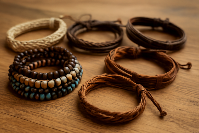 bracelets artisanaux exposes sur table en bois