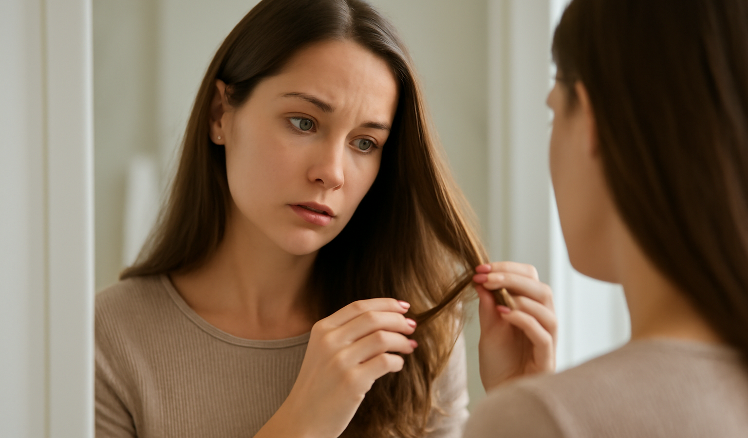 femme examinant ses pointes dans miroir