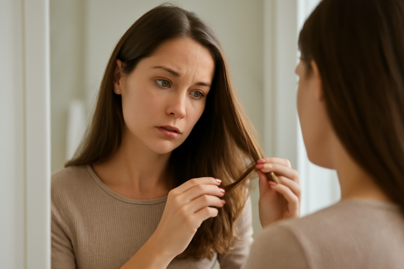 femme examinant ses pointes dans miroir