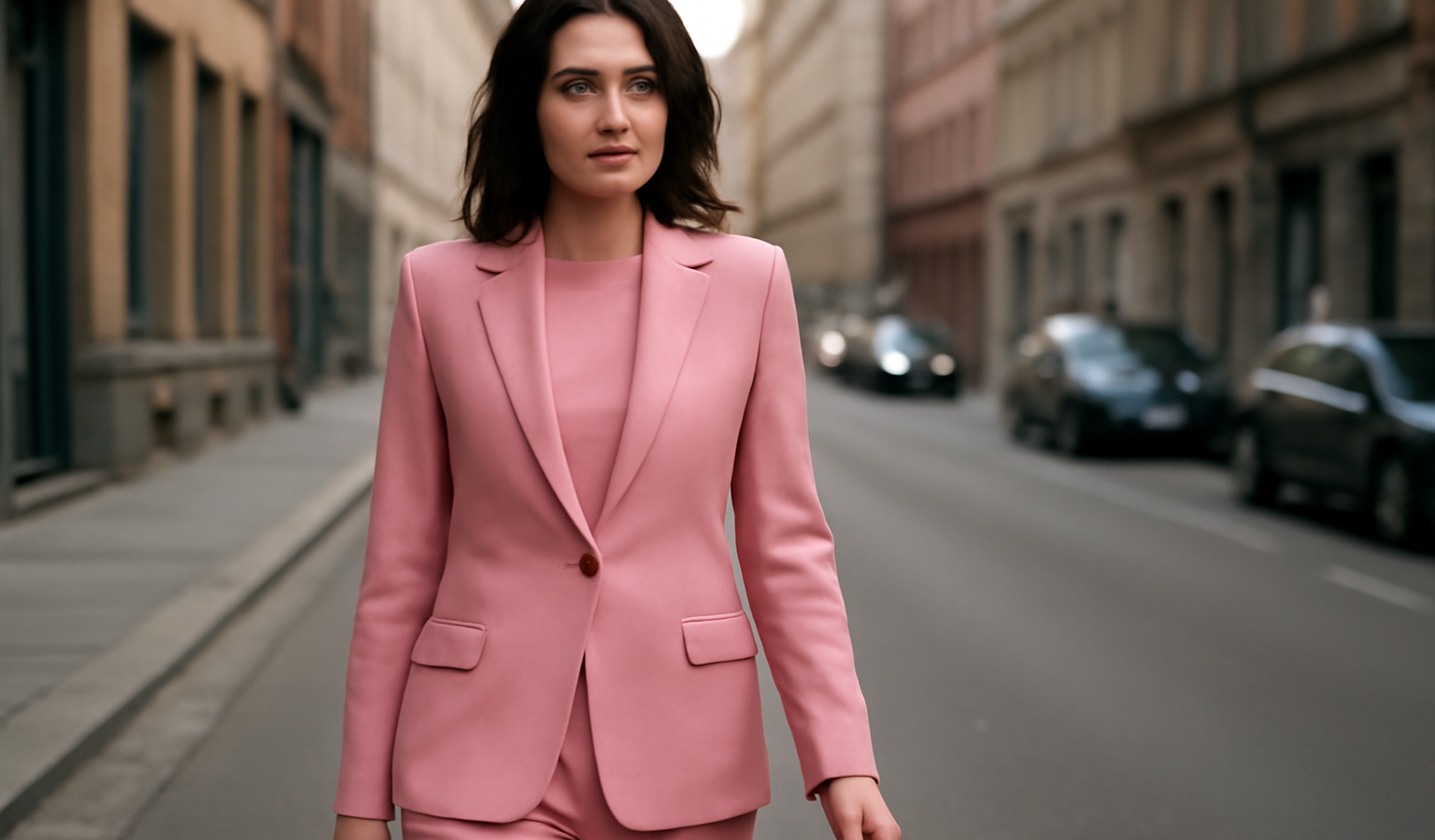 femme en tailleur rose dans rue