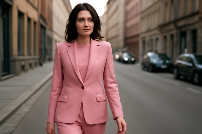 femme en tailleur rose dans rue