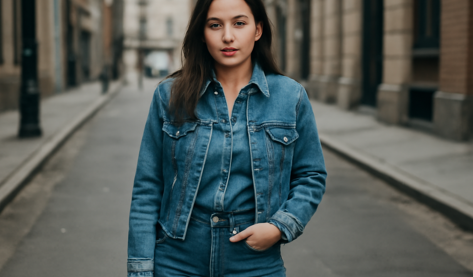 femme en tenue denim assortie dans rue