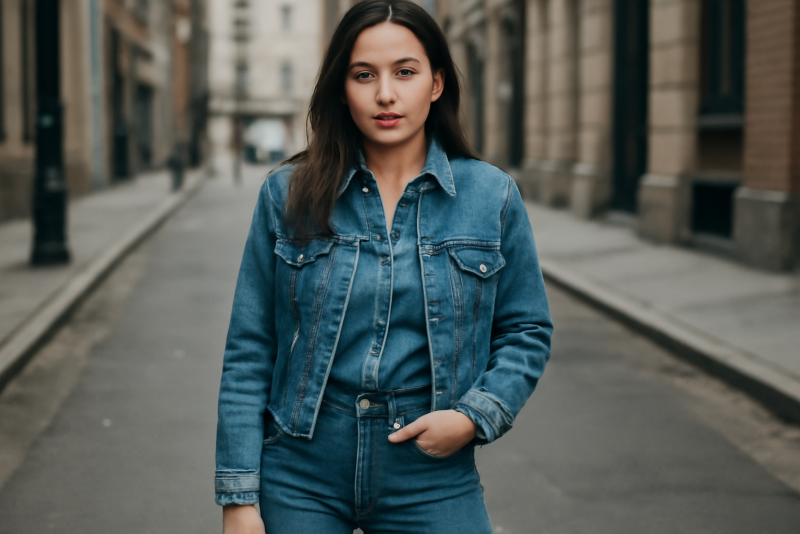 femme en tenue denim assortie dans rue