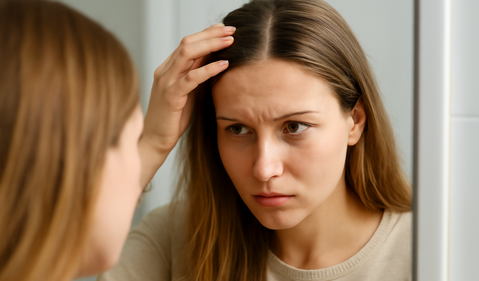 femme touchant ses racines grasses devant miroir