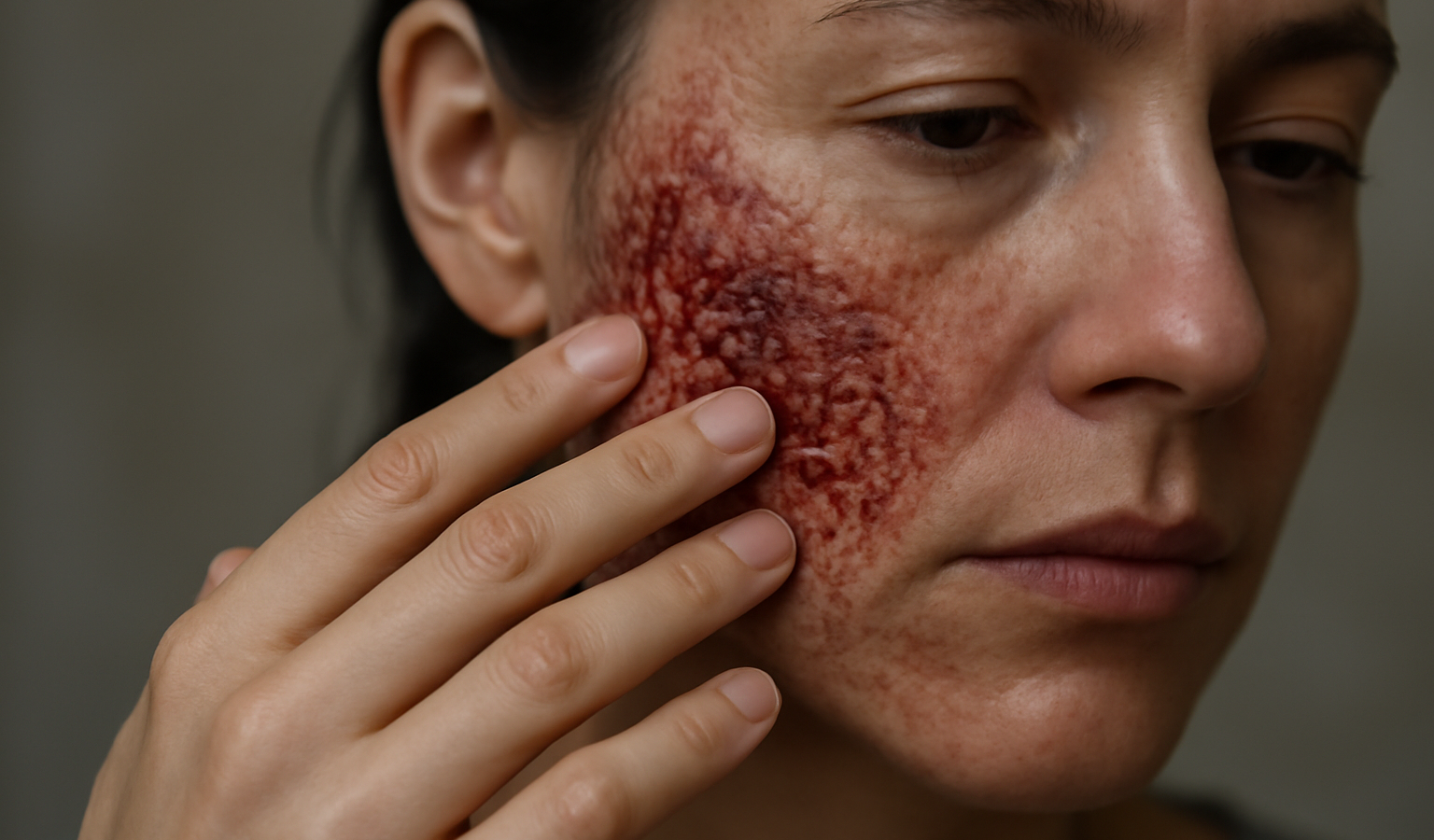 main touchant peau ecorchee du visage