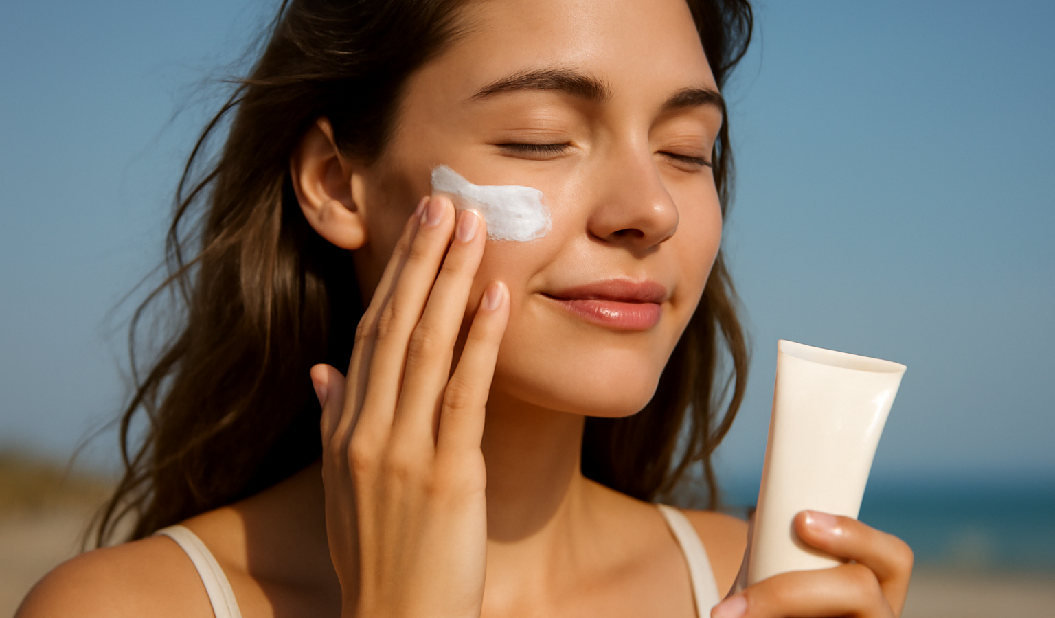 femme appliquant écran solaire sur visage