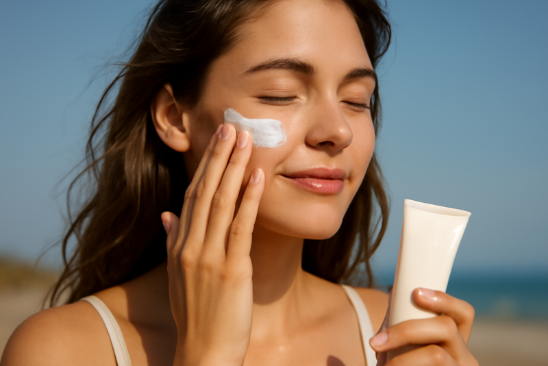 femme appliquant écran solaire sur visage