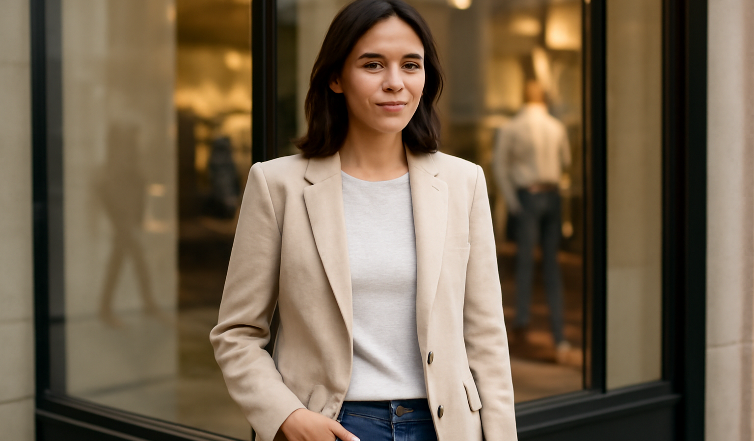 femme portant blazer casual devant vitrine