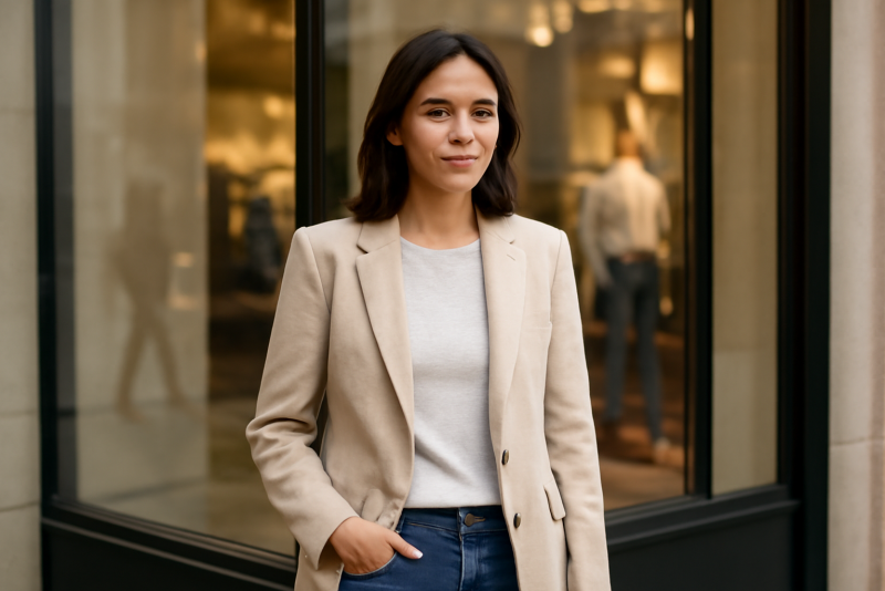 femme portant blazer casual devant vitrine