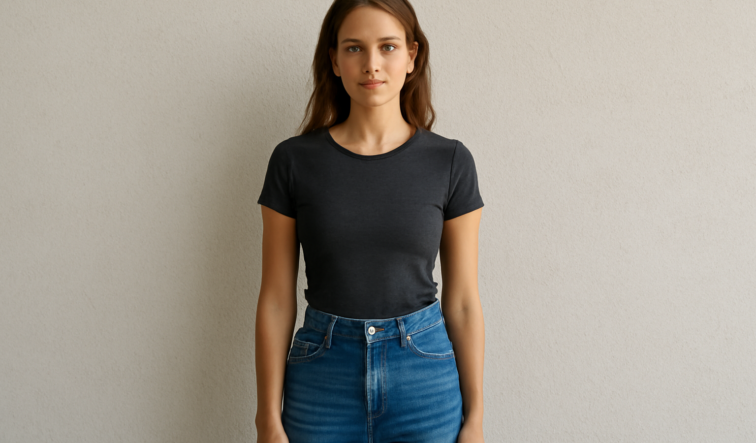 femme en jean taille haute debout