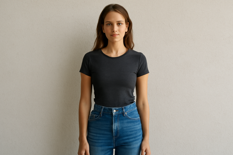 femme en jean taille haute debout