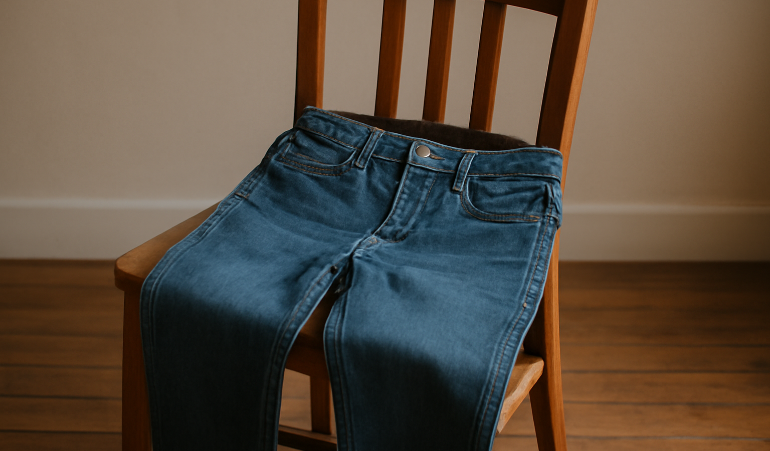 jean posé sur chaise en bois