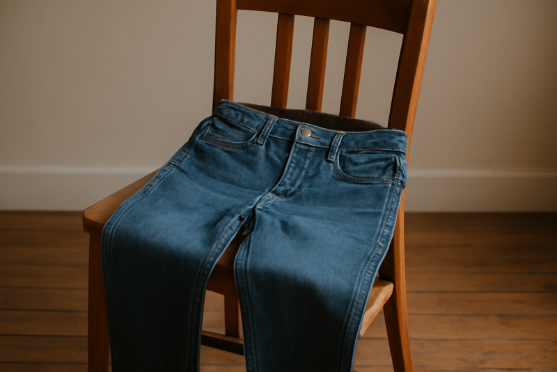jean posé sur chaise en bois