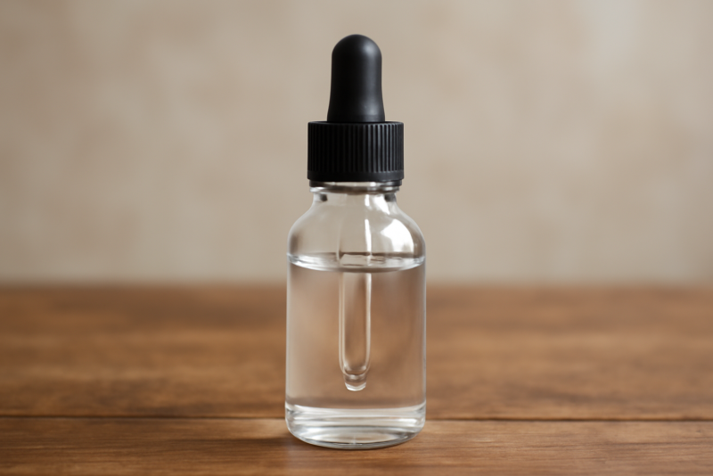 flacon de sérum posé sur table en bois