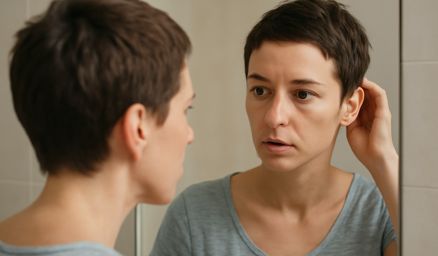 femme avec cheveux courts et fins devant miroir