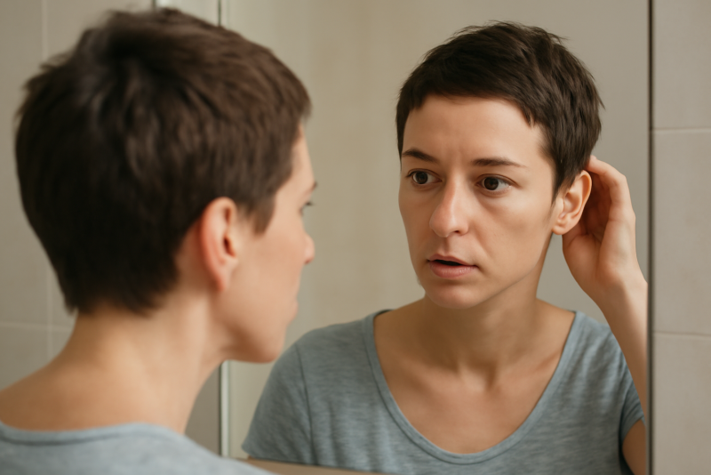femme avec cheveux courts et fins devant miroir