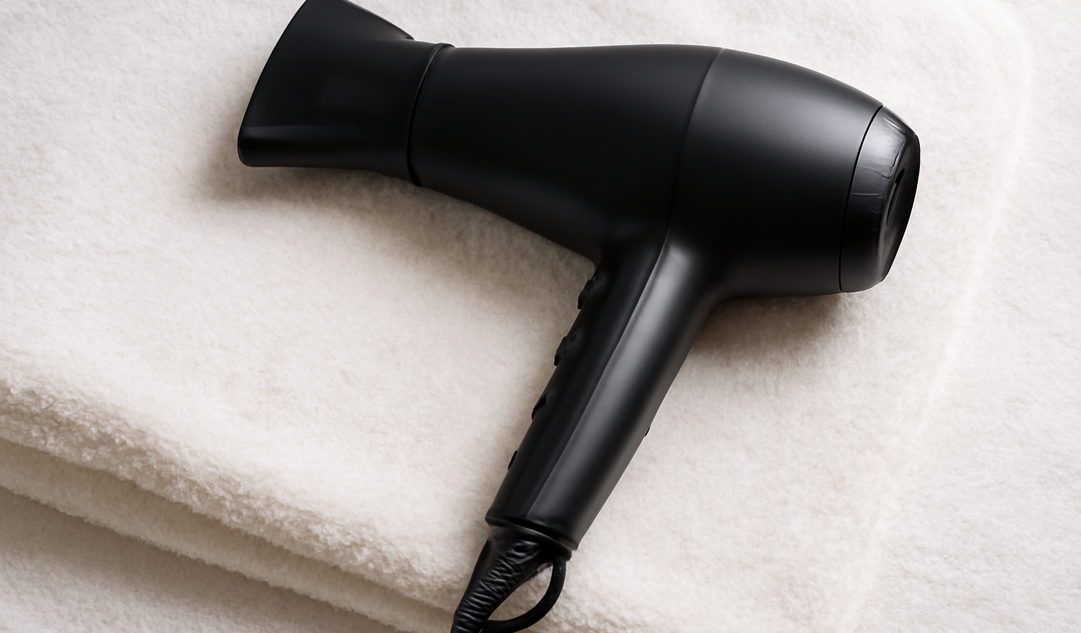 seche-cheveux noir pose sur serviette blanche