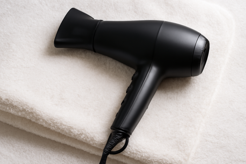seche-cheveux noir pose sur serviette blanche