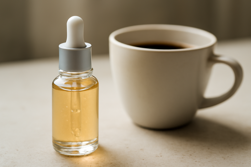 flacon de sérum près d'une tasse