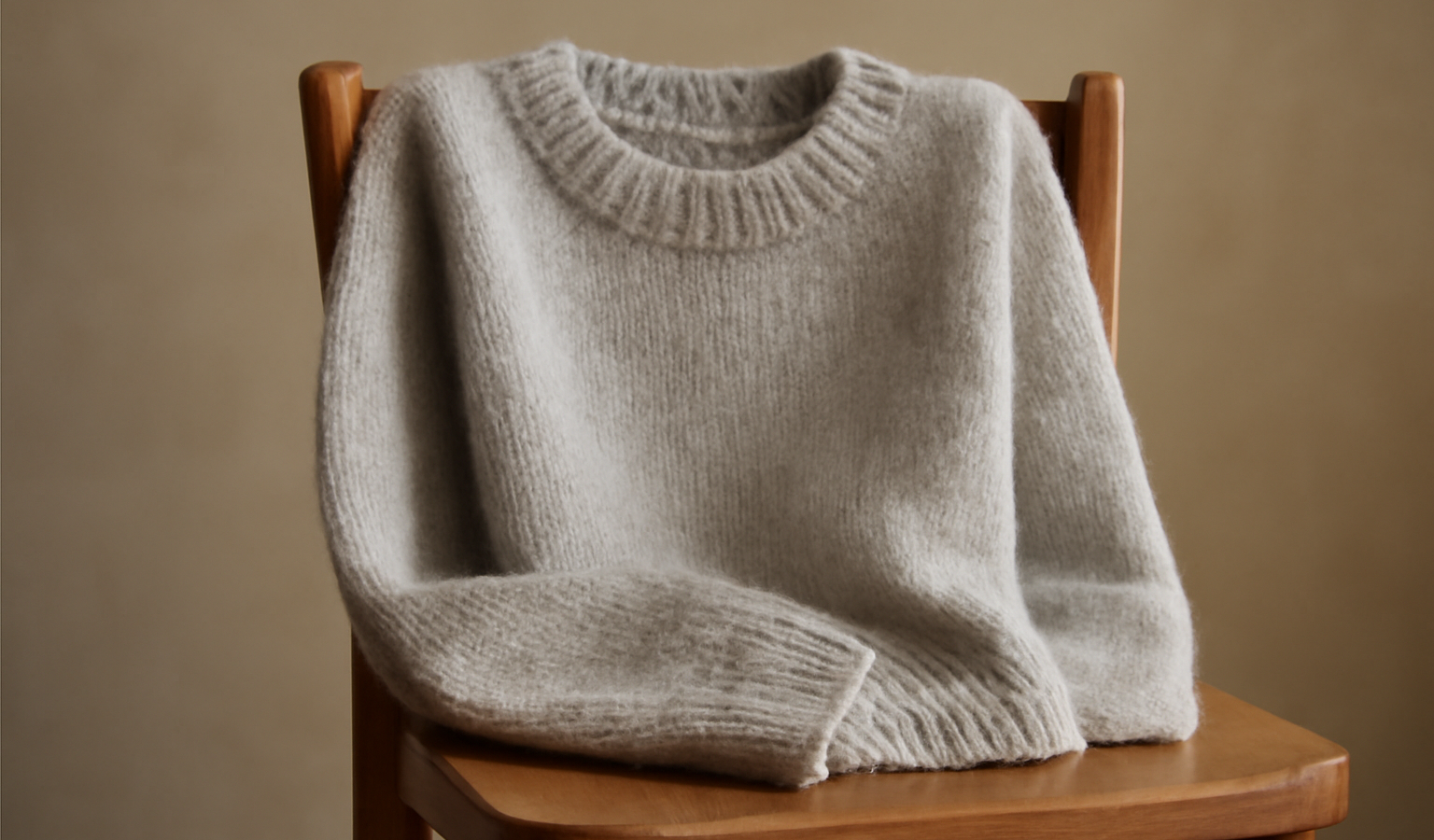 pull en laine posé sur une chaise en bois